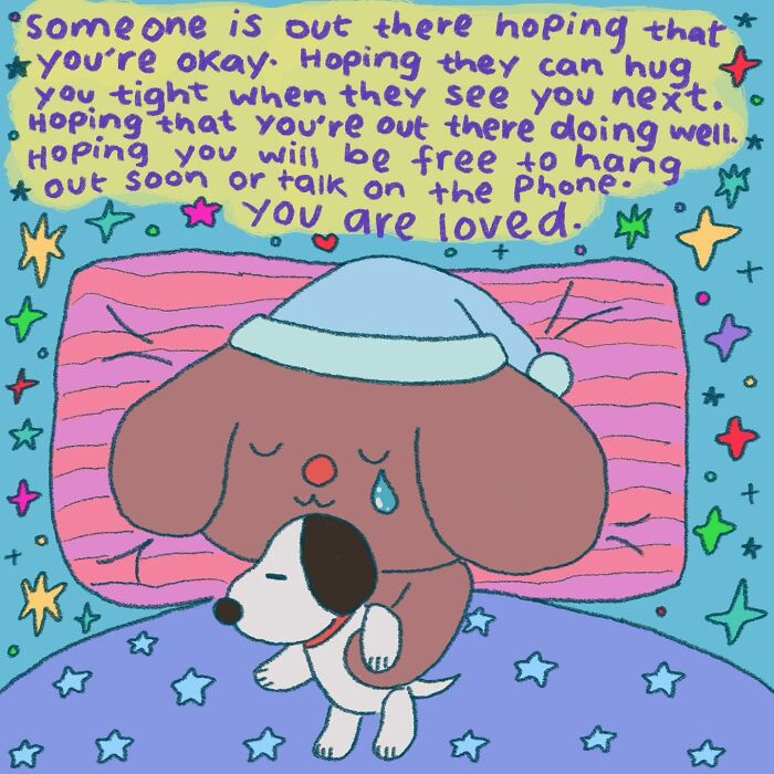 Wholesome illustration of a crying dog hugging a smaller dog, surrounded by stars and comforting handwritten text.