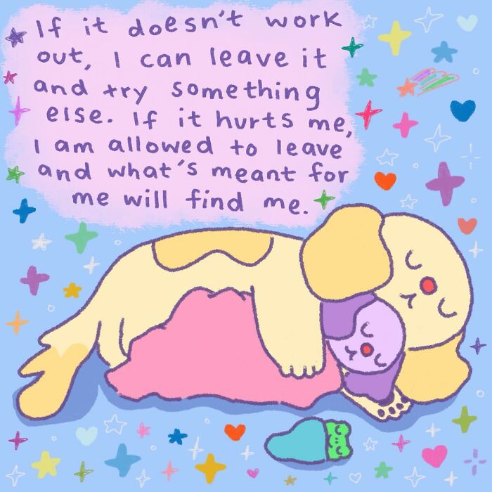 Wholesome illustration of two cartoon dogs cuddling surrounded by colorful stars, evoking a warm hug feeling.