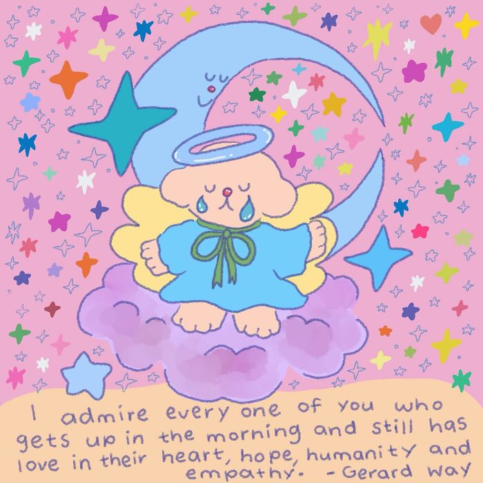 Wholesome illustration of a crying angel puppy on a cloud surrounded by colorful stars, conveying warmth and empathy.