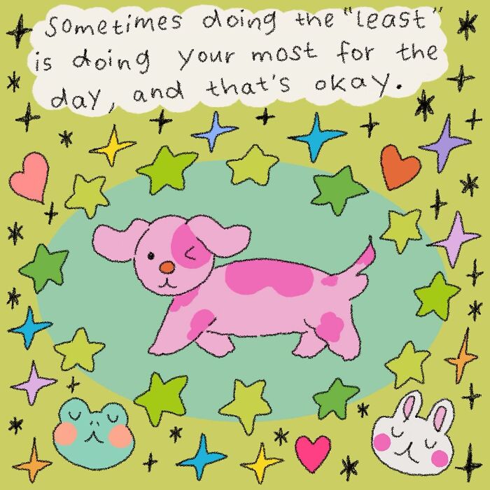 Wholesome illustration of a pink dog surrounded by stars, hearts, and smiling animals, conveying warmth and comfort.