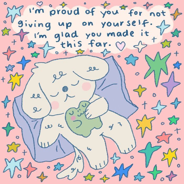 Wholesome illustration of a dog hugging a frog surrounded by colorful stars, evoking warmth and comfort.