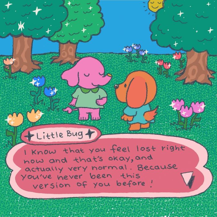 Wholesome illustration of two cute animals talking in a colorful garden, evoking comfort and warmth like a warm hug.