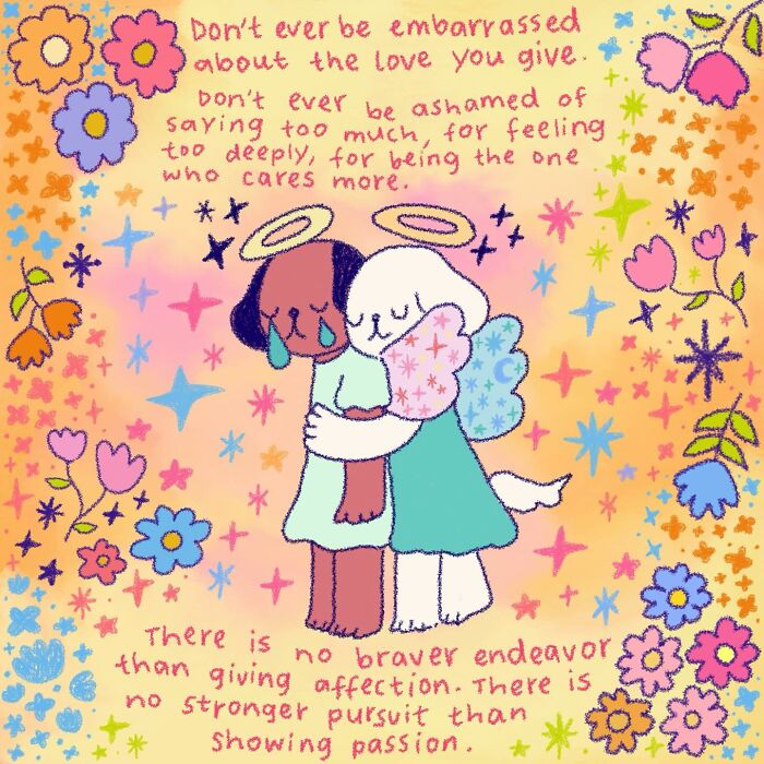 Wholesome illustration of two angelic figures embracing surrounded by colorful flowers and stars, radiating warmth and care.