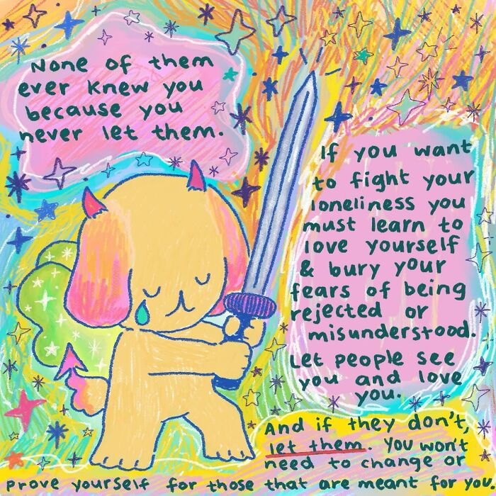 Colorful wholesome illustration of a teary puppy holding a sword with uplifting self-love and loneliness quotes.