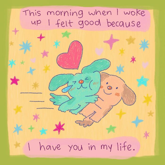 Cute wholesome illustration of two animals hugging surrounded by colorful stars, conveying warmth and love.