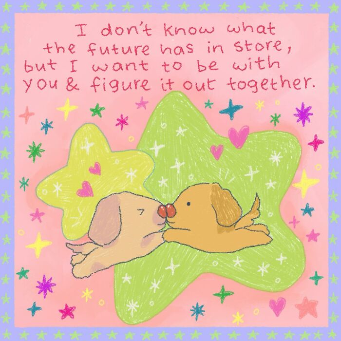 Wholesome illustration of two puppies nose-to-nose surrounded by stars and hearts, conveying a warm hug feeling.