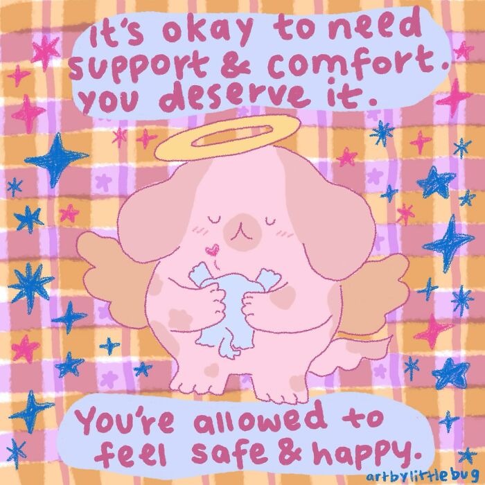 Wholesome illustration of a pink angel dog hugging a pillow with comforting, supportive messages and warm colors.