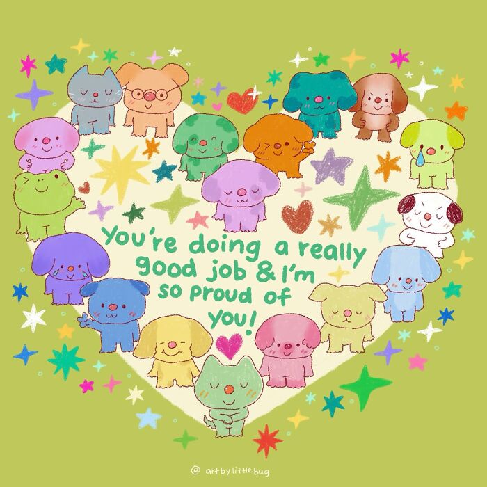 Wholesome illustration of colorful puppies in a heart shape with supportive and encouraging message, feeling like a warm hug.