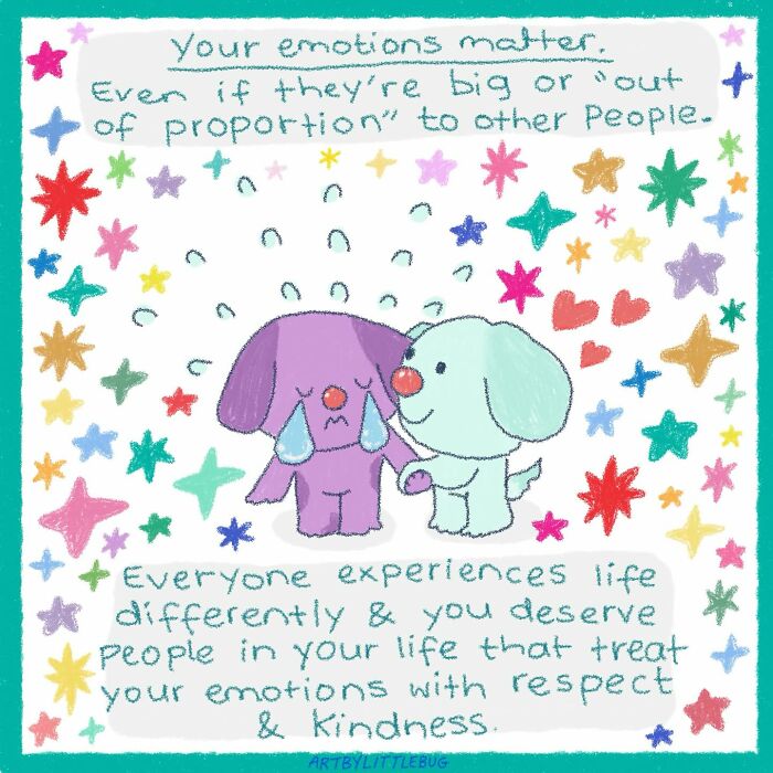 Wholesome illustration of two dogs showing kindness and respect, surrounded by colorful stars and hearts.