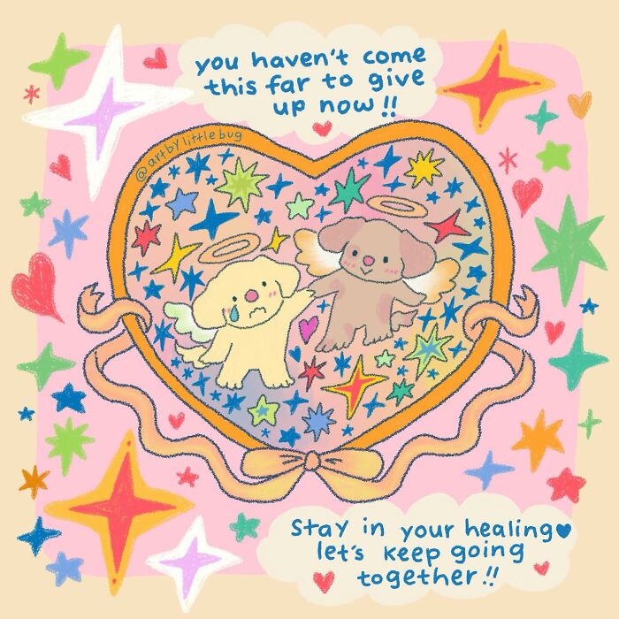 Wholesome illustration of two angel dogs in a heart surrounded by colorful stars, offering comfort and encouragement.