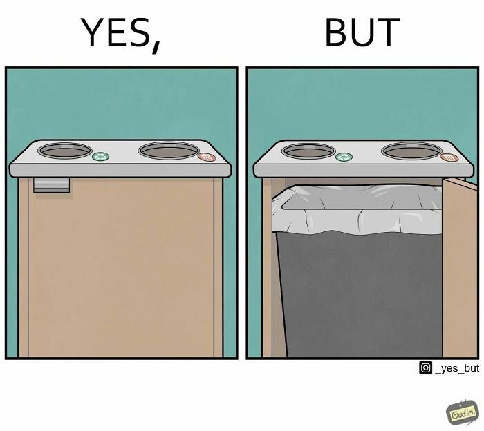 Comic illustration showing a closed trash bin labeled yes and an open bin labeled but in a humorous yes but comic style.