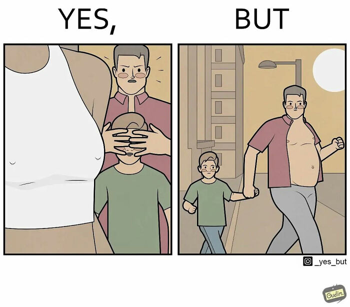 Comic panels illustrating a hilarious and absurd yes but scenario with a man covering a child's eyes then confidently walking away.