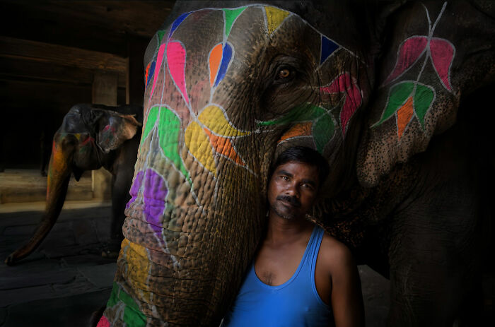 Man in blue tank top leaning against a colorfully painted elephant, showcasing candid moments of everyday life in Istanbul.