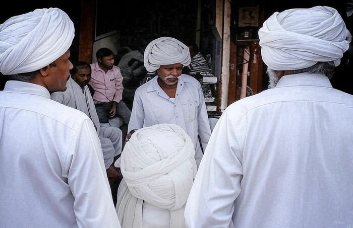 Men wearing traditional white turbans and clothes in a candid moment of everyday life in Istanbul street scene.