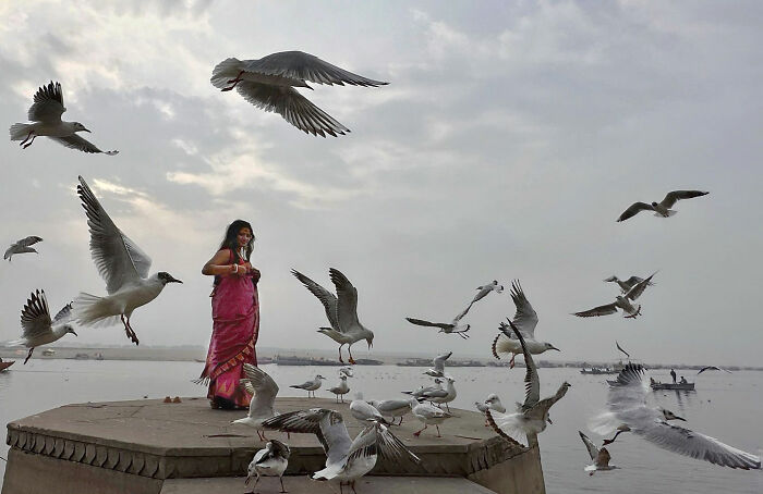 Woman in traditional dress stands among seagulls by the water, capturing candid moments of everyday life in Istanbul.
