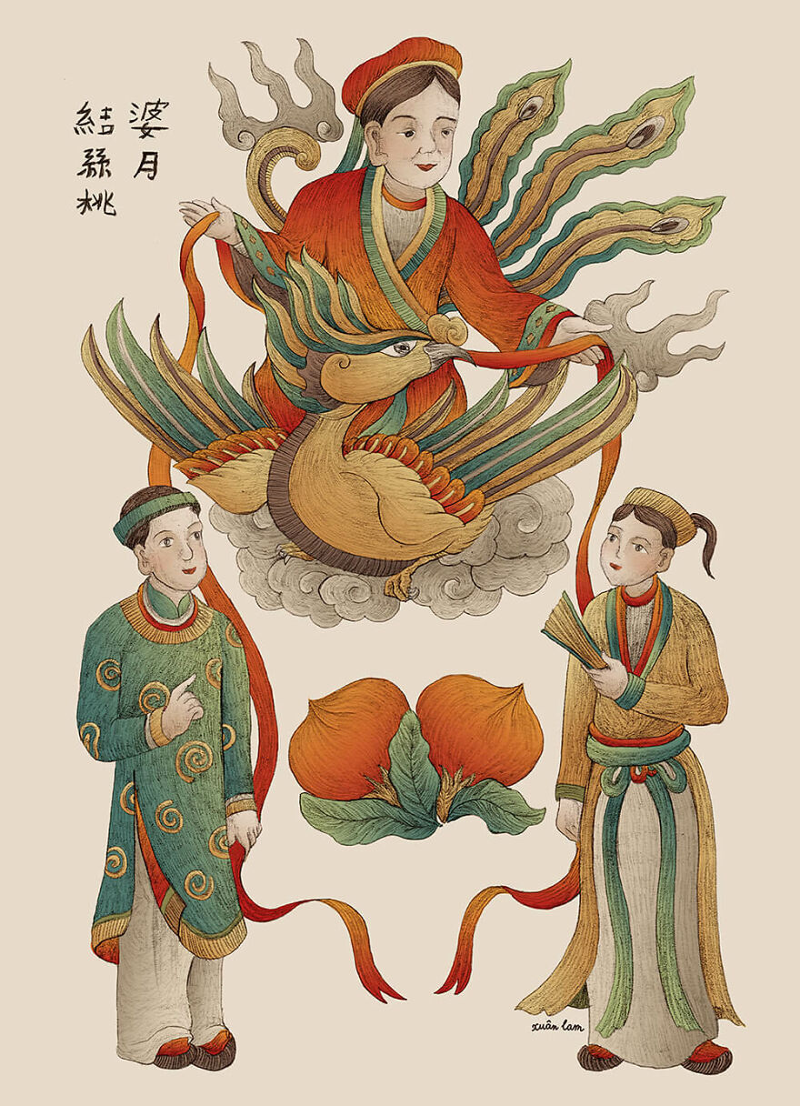 Traditional Asian illustration depicting the invisible string theory connecting two people in destiny and modern romance.