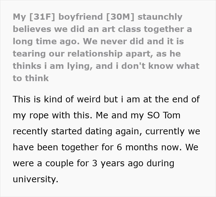 Couple argues about whether they took an art class together, causing tension as he is convinced she is lying.