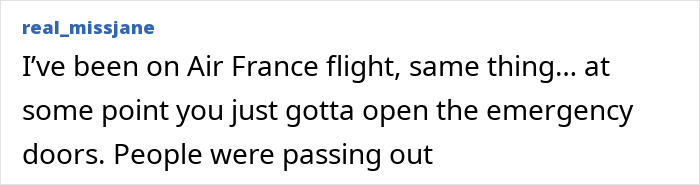 Text post from real_missjane describing chaos on Air France flight, mentioning emergency doors and people passing out.