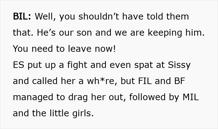 Text excerpt from a family conflict involving adoption papers after mistaking babysitting for taking the baby.