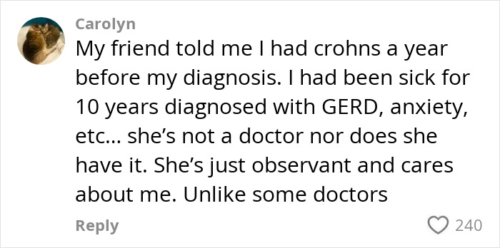 Comment about a woman solving a friend's medical mystery quickly after multiple doctors failed to diagnose correctly. Comment about a woman solving a friend's medical mystery quickly after multiple doctors failed to diagnose correctly.