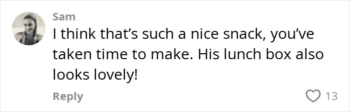 Comment from Sam praising the homemade snack and lunch box, related to furious mom pulling son from school over snack ban.