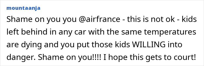 Screenshot of a social media post criticizing Air France over family trapped in dangerous heat on Paris flight with infant.