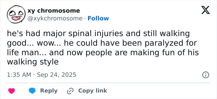 Tweet discussing Simon Cowell's spinal injuries and walking after a bike accident, raising concern among fans online.