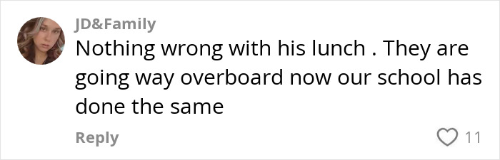 Comment by JD&Family discussing school snack restrictions and mentioning similar actions at their own school.