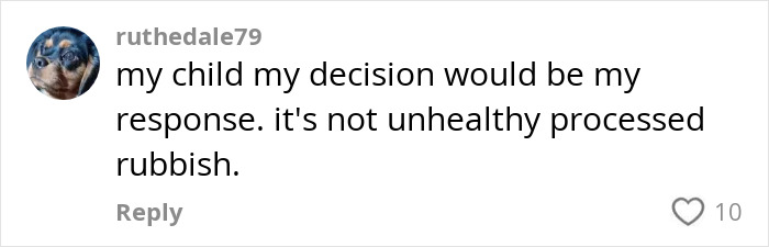 Comment on social media expressing a parent's defense of their child's snack choice after a school ban.