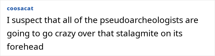 Comment text about Petralona Man skull discovery and experts debating its authenticity and features.