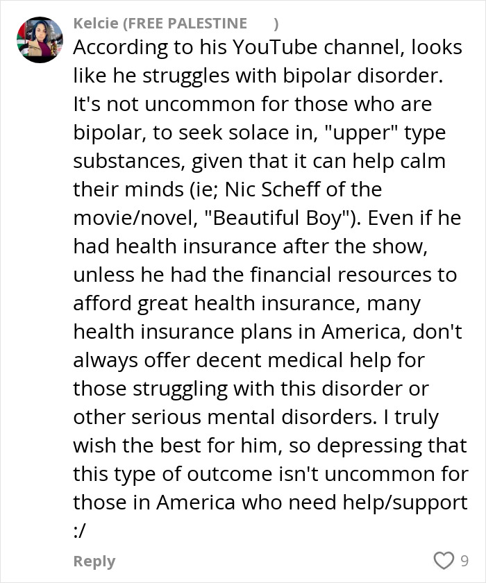 Comment discussing struggles with bipolar disorder and homelessness related to a former Nickelodeon child star. Comment discussing struggles with bipolar disorder and homelessness related to a former Nickelodeon child star.