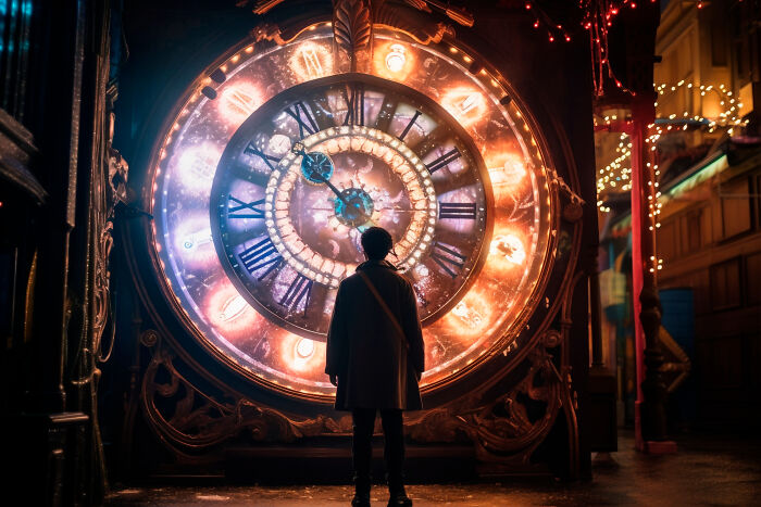 Person standing in front of a large vintage clock, symbolizing reflection on glory days and life’s next chapters.