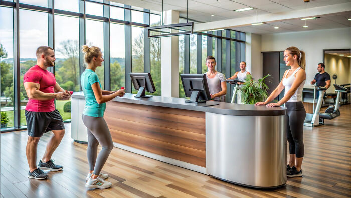 Young adults at a gym reception desk showcasing people whose glory days were in high school and life after.