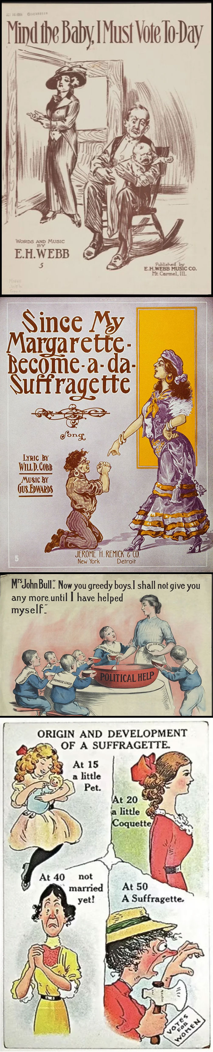 Series of vintage cartoons mocking women's suffrage, illustrating male authors' limited understanding of women and feminism.
