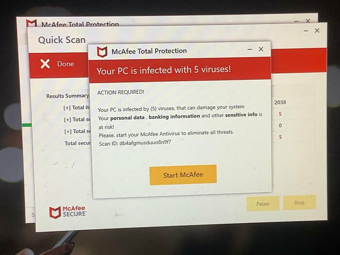 Computer screen showing McAfee antivirus alert warning of five viruses detected, symbolizing real-life stories of unexpected changes.