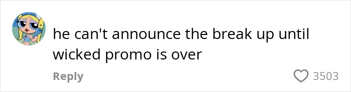Comment on social media about Ariana Grande's boyfriend Ethan Slater addressing breakup rumors, with a cartoon avatar. Comment on social media about Ariana Grande's boyfriend Ethan Slater addressing breakup rumors, with a cartoon avatar.
