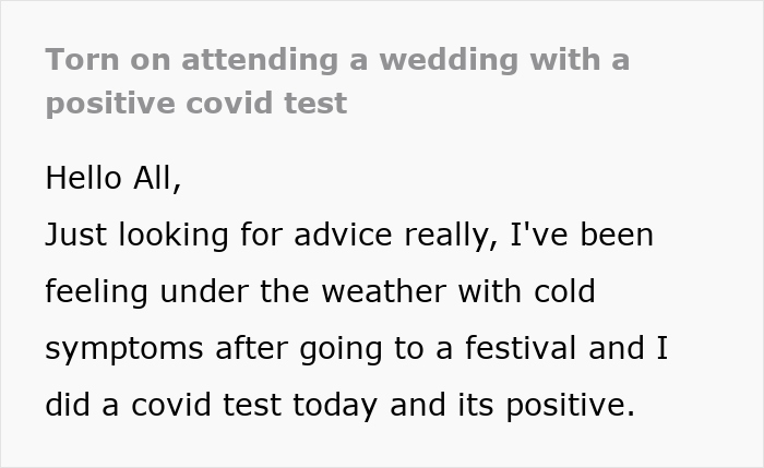 Screenshot of a forum post seeking advice about attending a wedding despite a positive Covid test result.