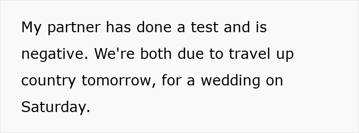Text on a white background discussing preparing to travel for a wedding despite one partner testing negative for Covid.