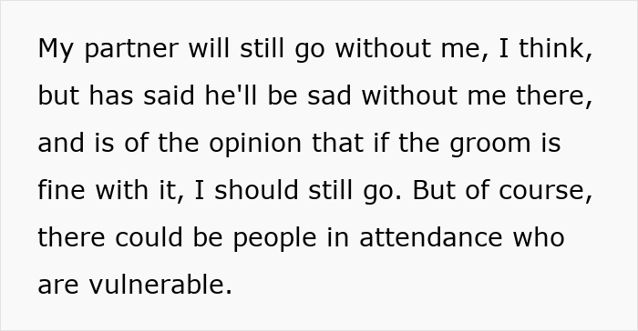 Text discussing a guest unsure about attending a wedding after a positive Covid test while the groom insists they can come.