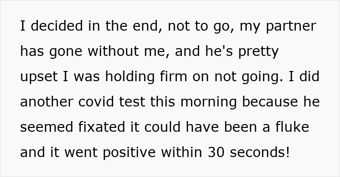 Text excerpt discussing a guest unsure about attending wedding after a positive Covid test, with groom insisting attendance.