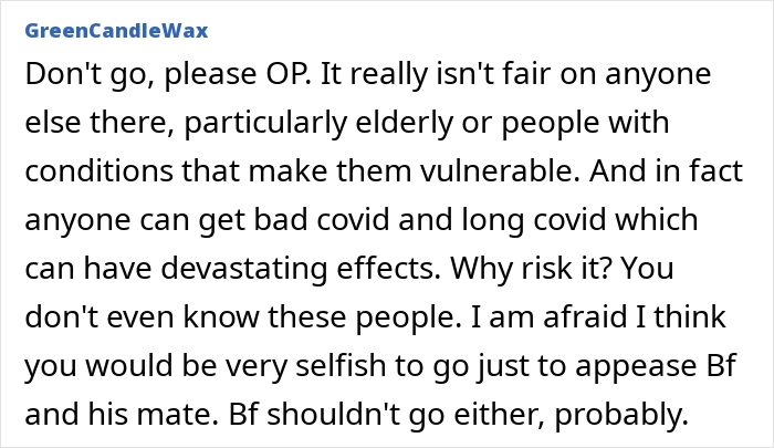 Comment discussing groom insisting guest attend wedding despite positive Covid test and concerns about safety and fairness.