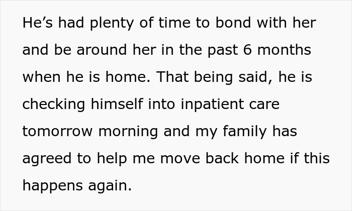 Text about husband checking into inpatient care and family helping with an exit plan after nursery ban. Text about husband checking into inpatient care and family helping with an exit plan after nursery ban.