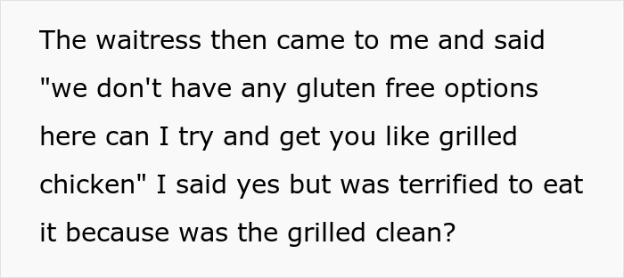 Text excerpt showing a woman discussing allergies and concern about grilled food being prepared clean to avoid triggers. Text excerpt showing a woman discussing allergies and concern about grilled food being prepared clean to avoid triggers.