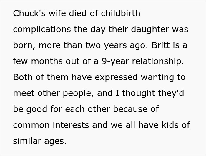 Text excerpt describing a woman setting up a widow and single mom for a date with common interests and similar-aged kids.