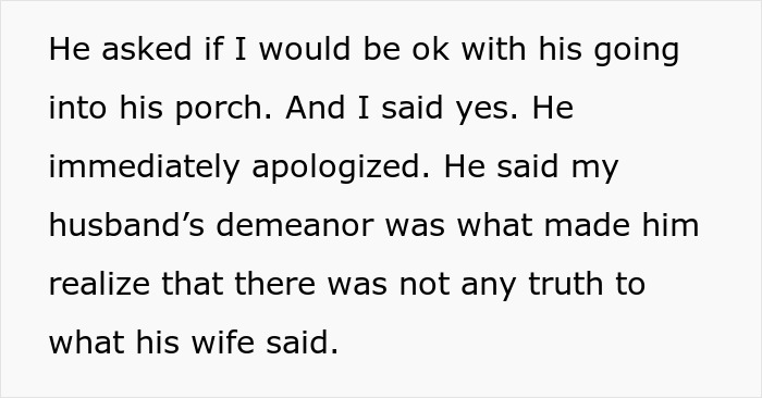 Text describing a couple confronted by an elderly neighbor over an affair claim, later proven untrue by husband's demeanor.