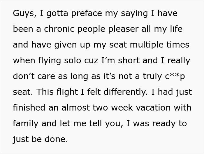 Text on a white background sharing a personal story about a woman refusing to give up her plane seat and enjoying a guilt-free nap.