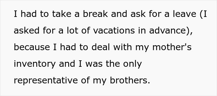 Text about sister dealing with unwanted siblings and adoption while managing family responsibilities and taking leave.