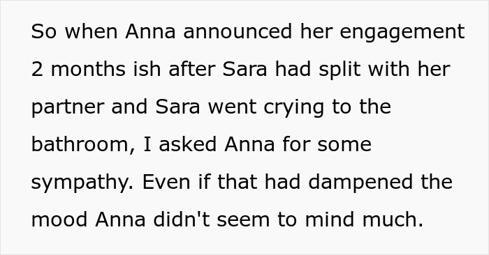 Text excerpt about sibling&rsquo;s engagement causing emotional distress for single sister struggling to cope with the news.