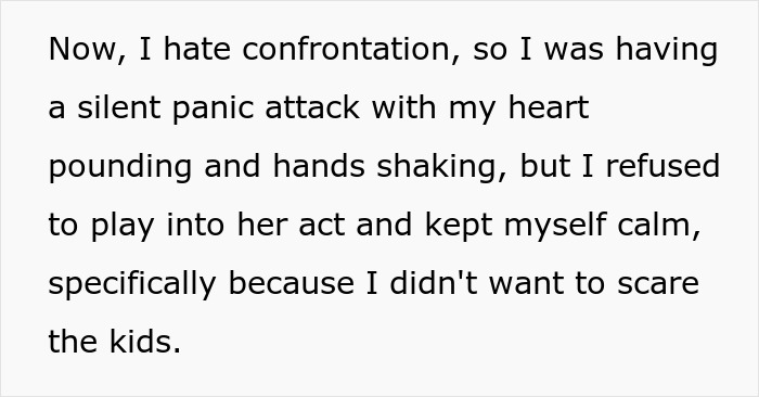 Text describing a silent panic attack with heart pounding and hands shaking during a confrontation to avoid scaring kids.