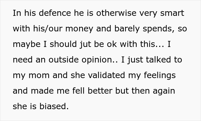 Text discussing a husband prioritizing a luxury vehicle purchase and involving his mother-in-law, seeking outside opinion.